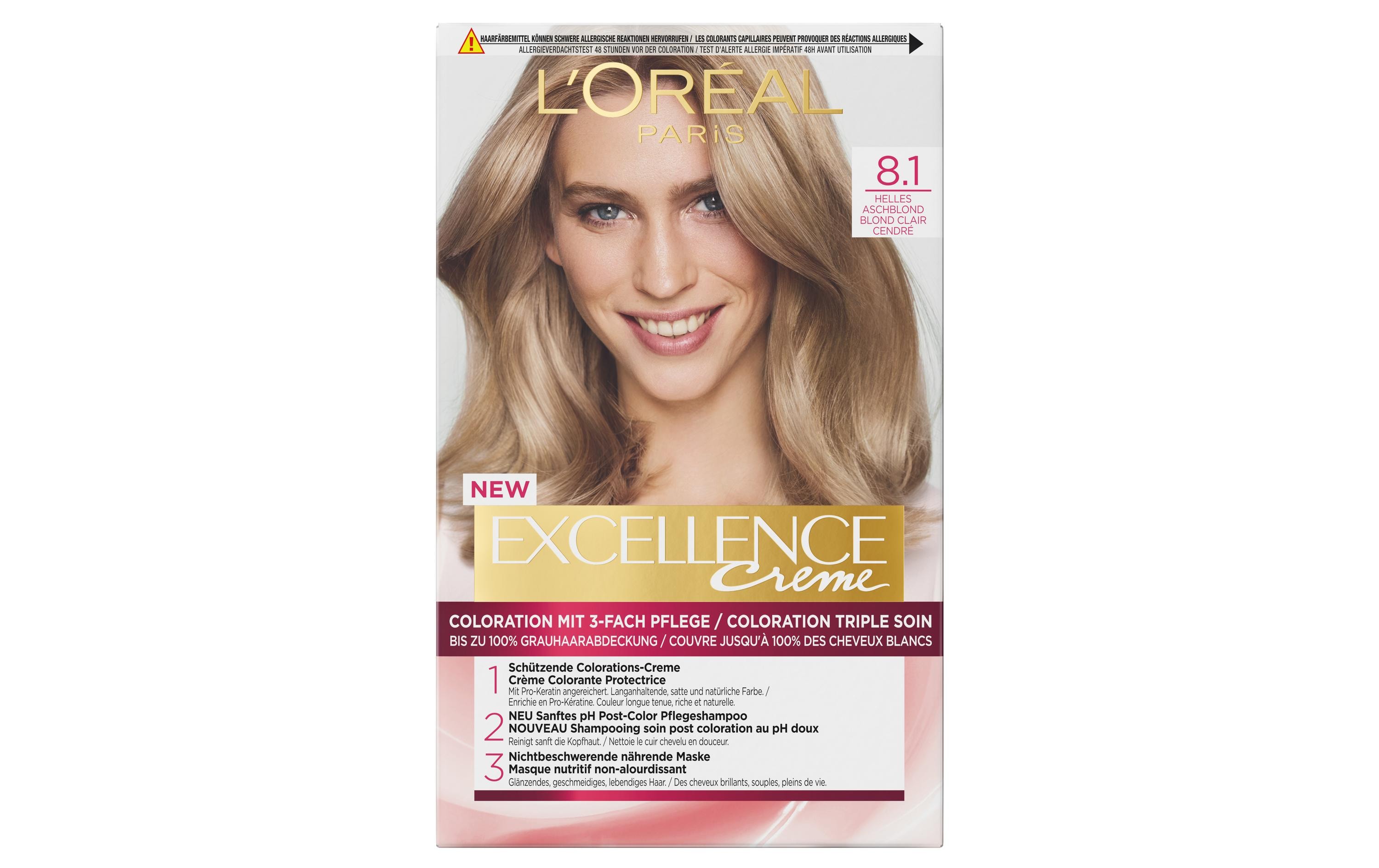 Haarcoloration 8.1 Helles Aschblond3-fach Pflege-Coloration