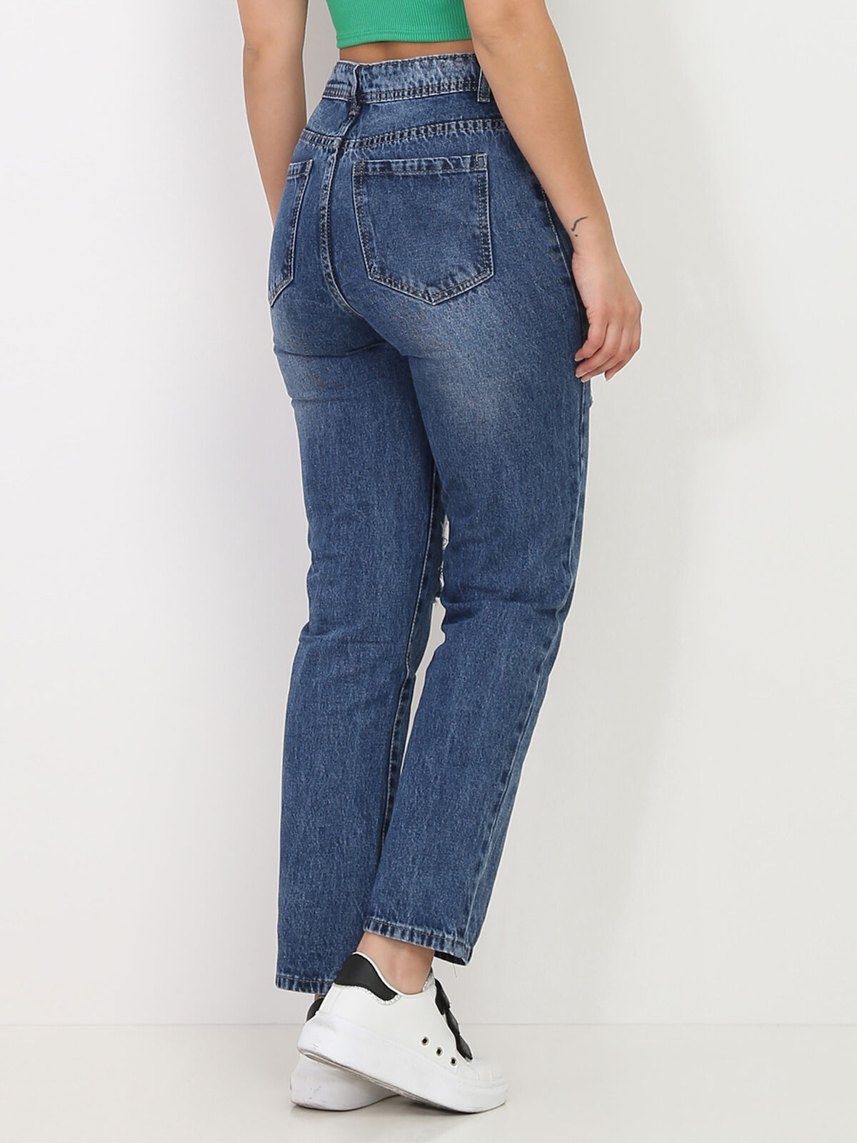 Jeans droit délavé et déchiré- Bleu