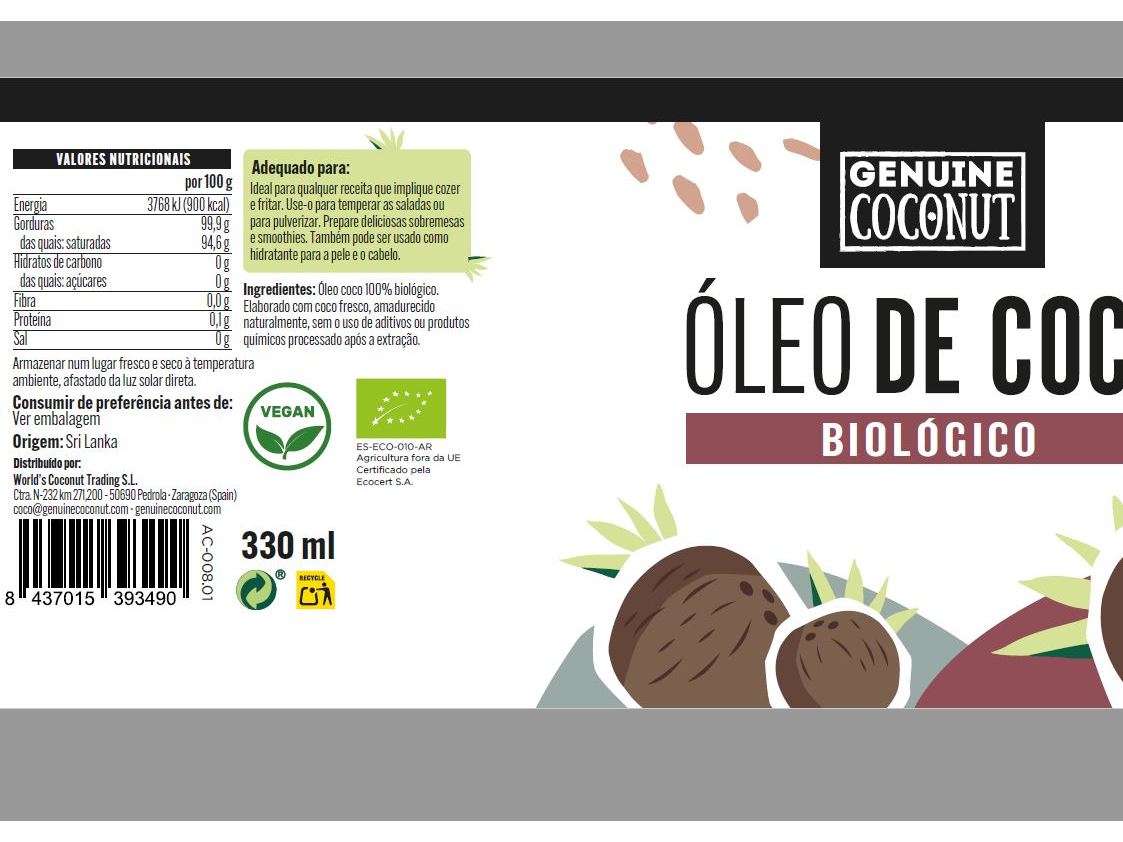 ÓLEO DE COCO GENUINE COCONUT BIO 33OML