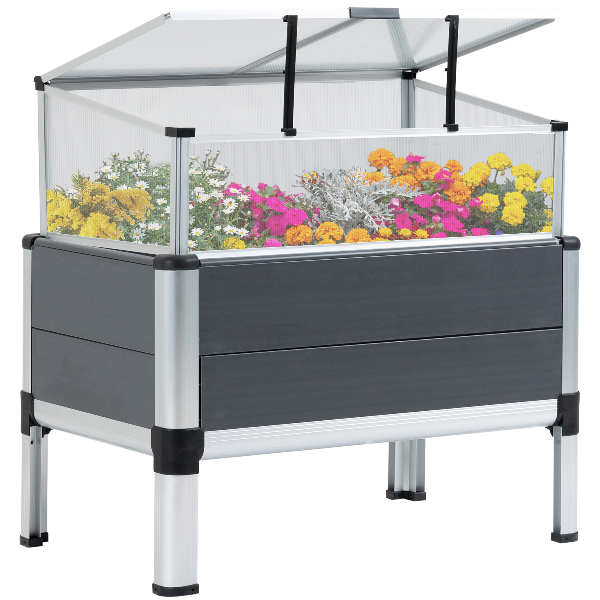 Jardineira elevada Outsunny para jardim urbano, em alumínio, 78,5 x 47 x 74,5 cm, com tampa de policarbonato e teto articulado, ideal para o cultivo de plantas e flores, na cor cinza.
