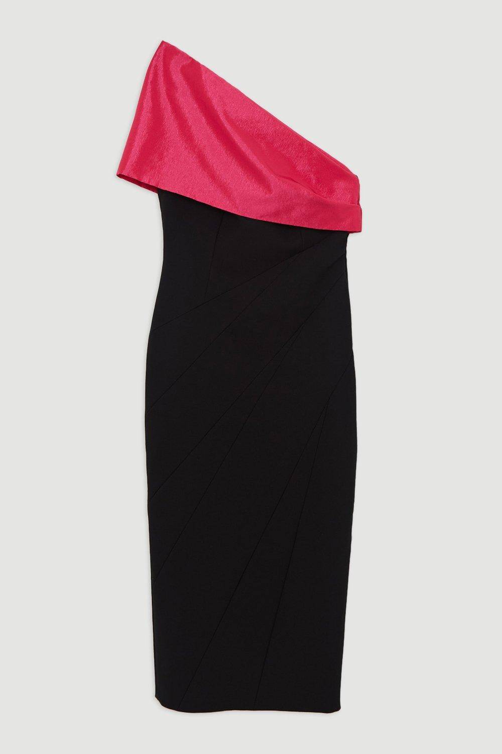 KarenMillen Robe midi pour grande taille, épurée et ajustée en taffetas à panneau unique sur une épaule