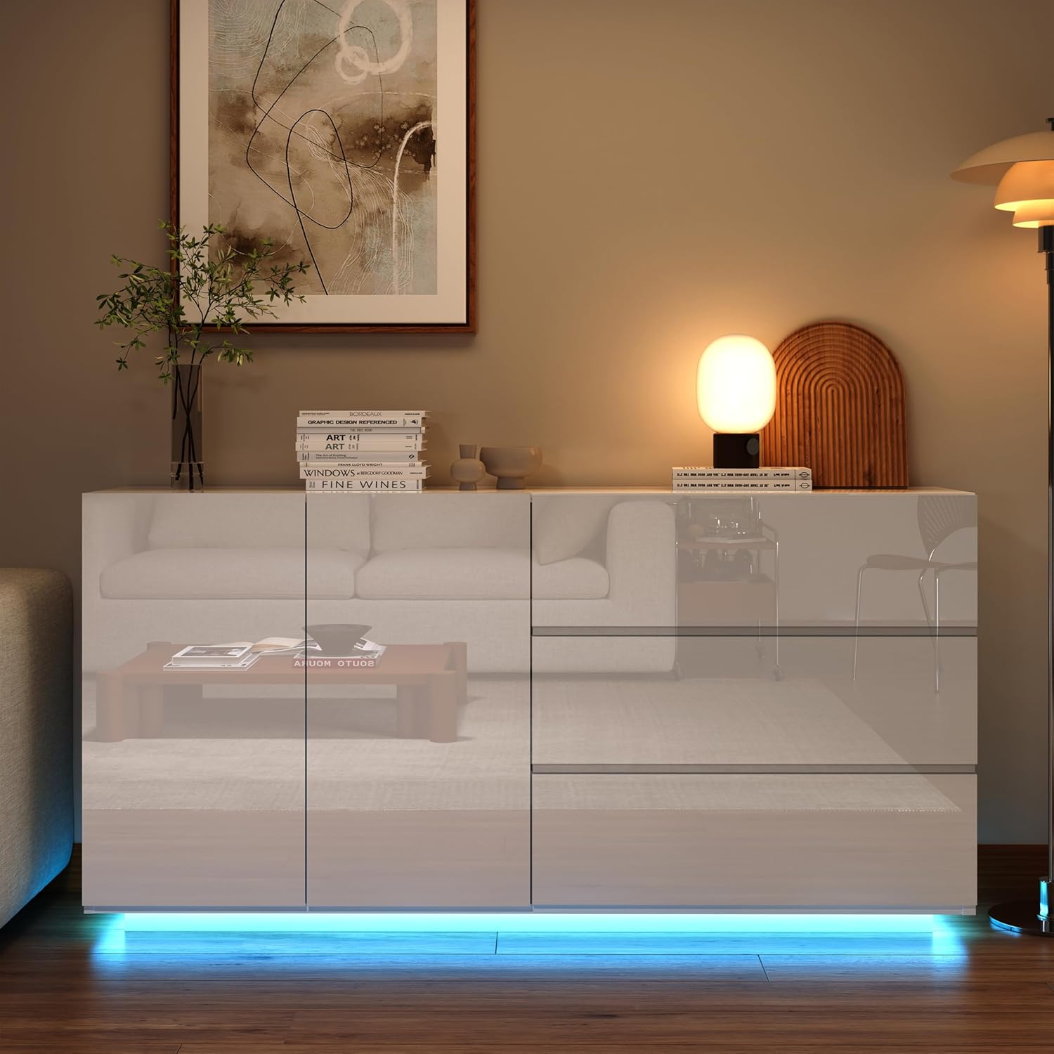 Sideboard für Wohnzimmer, weiß, glänzend, mit LED-Beleuchtung, Küchenmöbel mit 2 Türen und 3 Schubladen, TV-Schrank modern, für Wohnzimmer & Esszimmer & Küche (weiß, 160 x 35 x 76 cm)