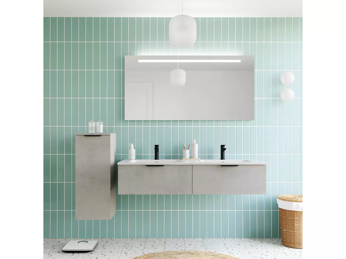 Meuble de salle de bain suspendu double vasque intégrée 140cm 2 tiroirs façon Béton - Soho