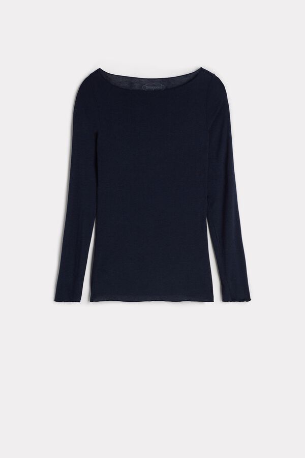 Camiseta de manga comprida ultraleve com decote canoa em cashmere modal