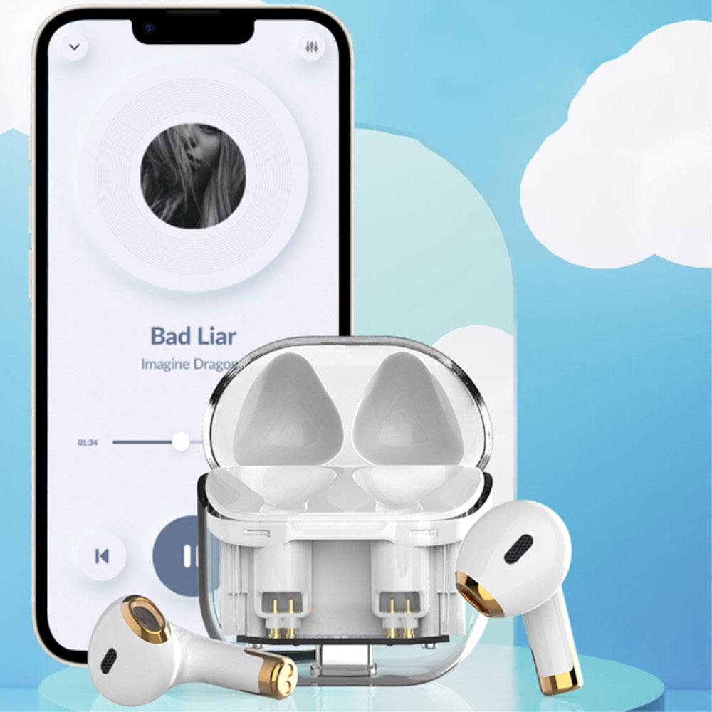 Kabellose Bluetooth 5.3 In-Ear Kopfhörer Headset mit Ladecase (300mAh) - Weiss / Transparent