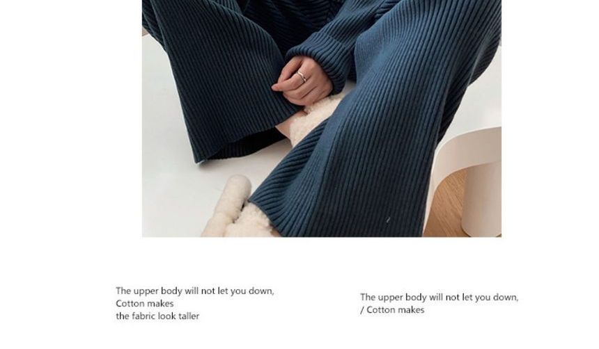 Rorah - Set: Mock Neck Plain Slit Ribbed Trui + Elastische Taille Breibroek met Wijde Pijpen