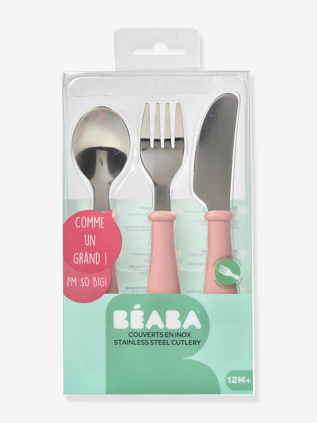 Conjunto de talheres de aprendizagem BEABA de 3 peças em aço inoxidável rosa claro liso.