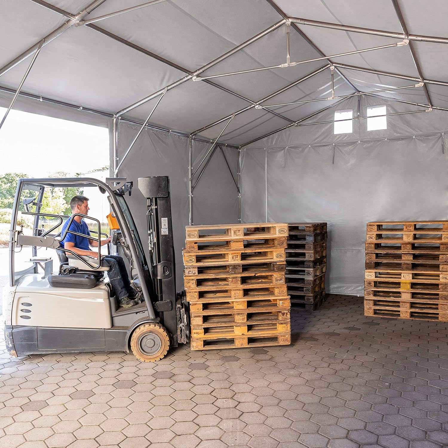 TOOLPORT Lagerzelt Industriezelt 5x8 m Zelthalle mit 3m Seitenhöhe PVC Plane 850 N grau wasserdicht Ganzjahreszelt mit Schiebetor