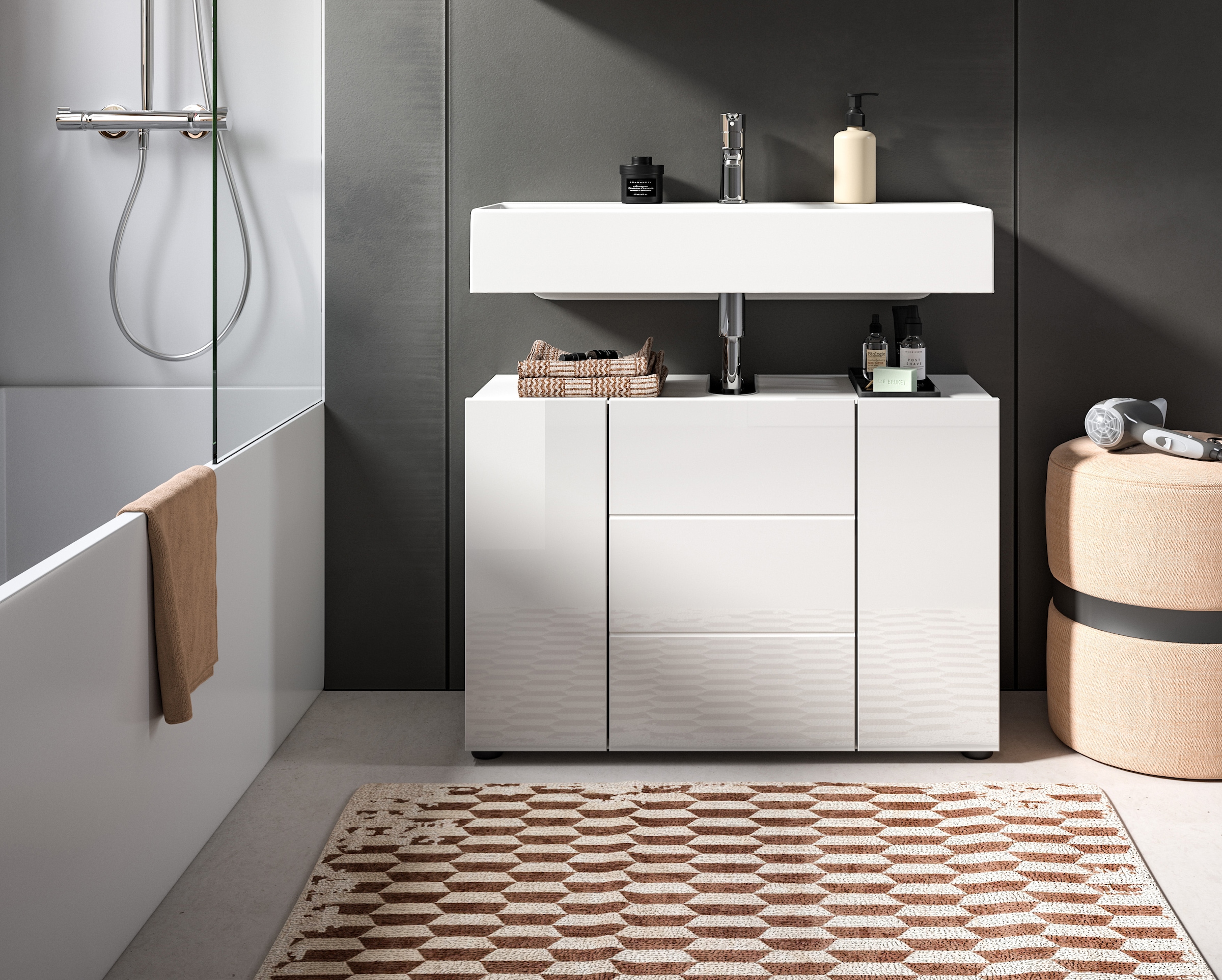 welltime Waschbeckenunterschrank »BIEL, TOPSELLER!, Breite 82 cm, 3 Türen, 2 Böden, mit Siphonausschnitt« 1 Stk. tlg. Badmöbel, Badschrank, Schrank, Unterschrank, Bad, Badezimmer