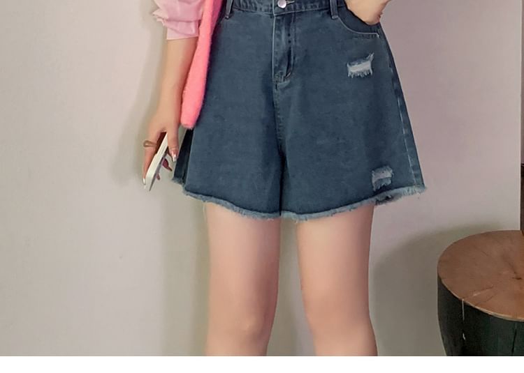 Krezol - Plus Size Hoge Taille Gewassen Gerafelde Versleten Wijde Denim Shorts