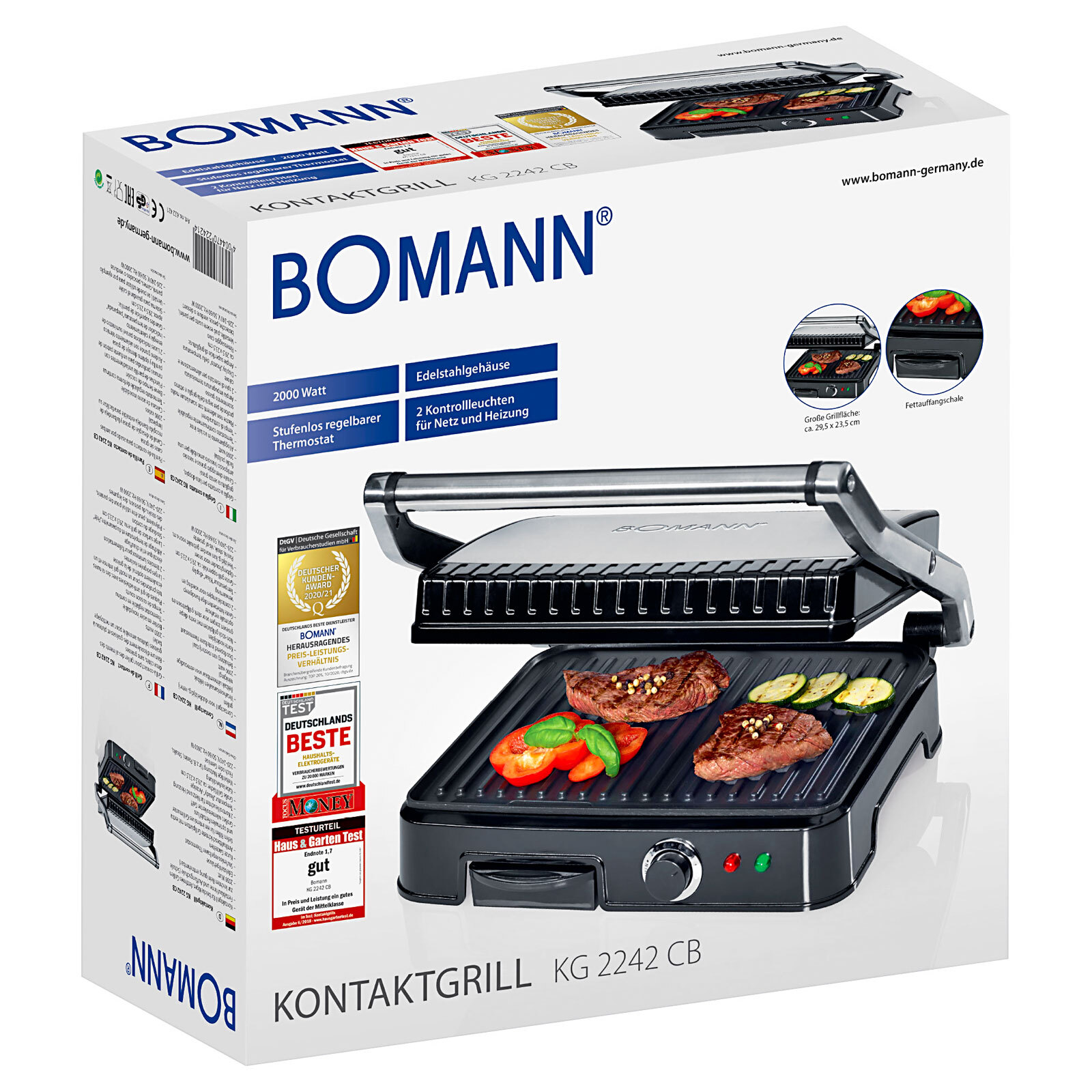 BOMANN Kontaktgrill KG 2242 CB Edelstahlgehäuse, schwarz, 2000 Watt