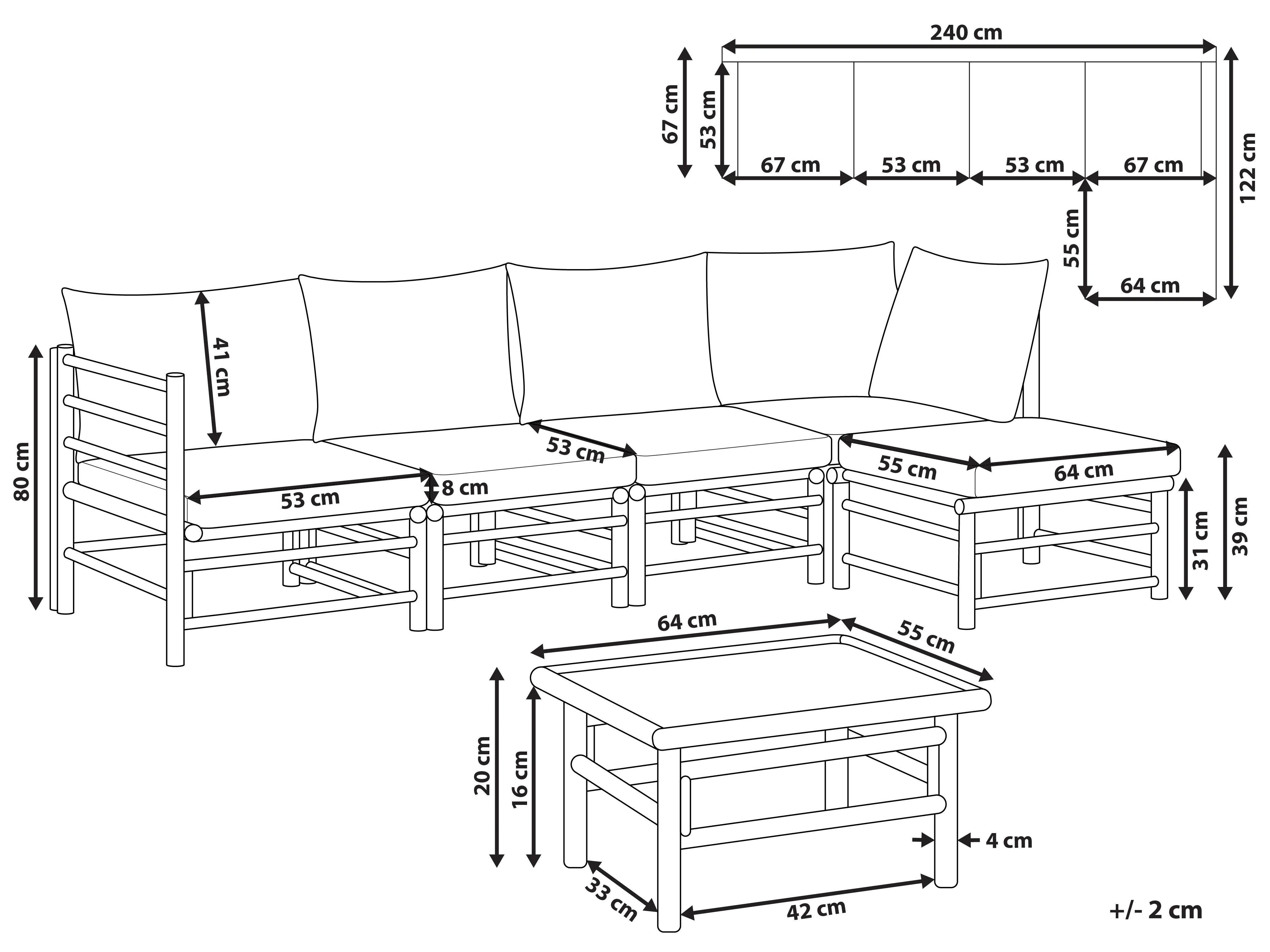 Tuin hoekloungeset met tafel 5-zits CERRETO linkszijdig Bamboehout Taupe