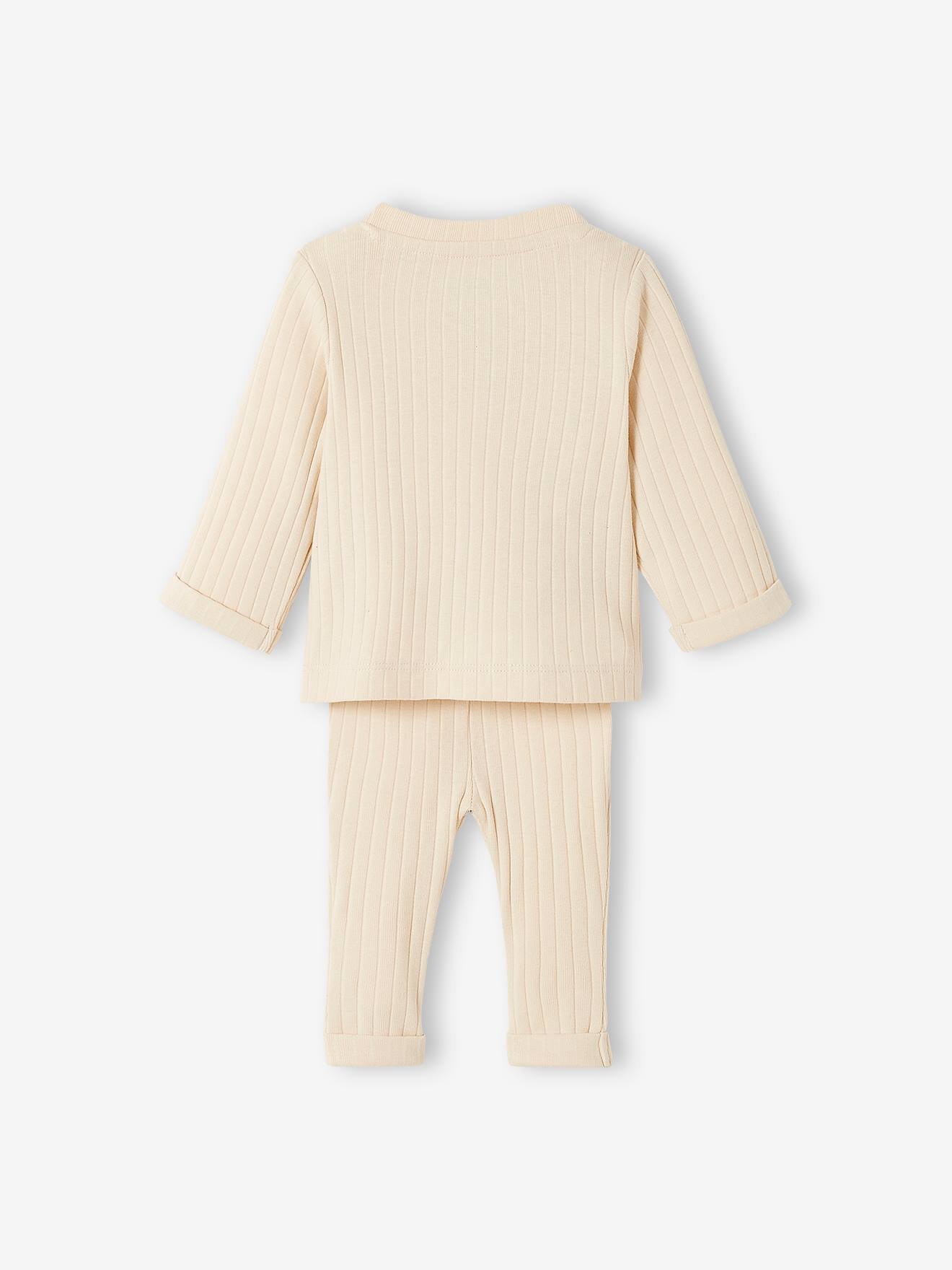 Conjunto de malha canelada para bebê, camiseta e calça, bege claro liso