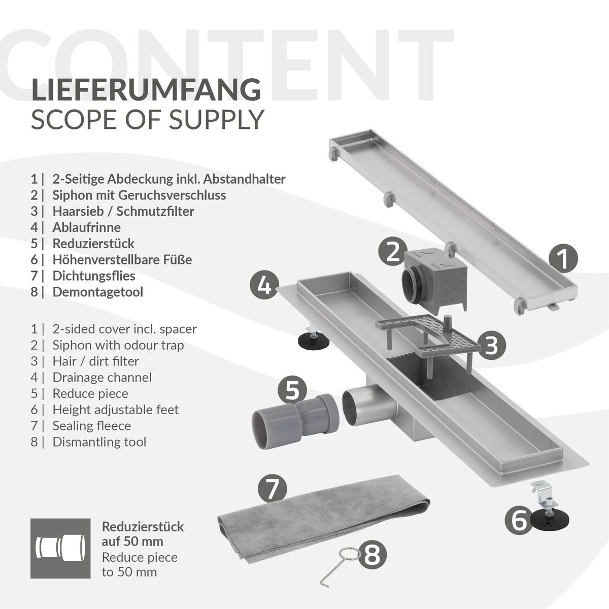 LuxeBath Doucheafvoer 70cm 2in1, betegelbaar, extra vlak, RVS, zilver, dubbelzijdige vloerafvoer, complete vloerinbouwset, doucheafvoer, sifon met stankafsluiter, haarzeef, douchegoot