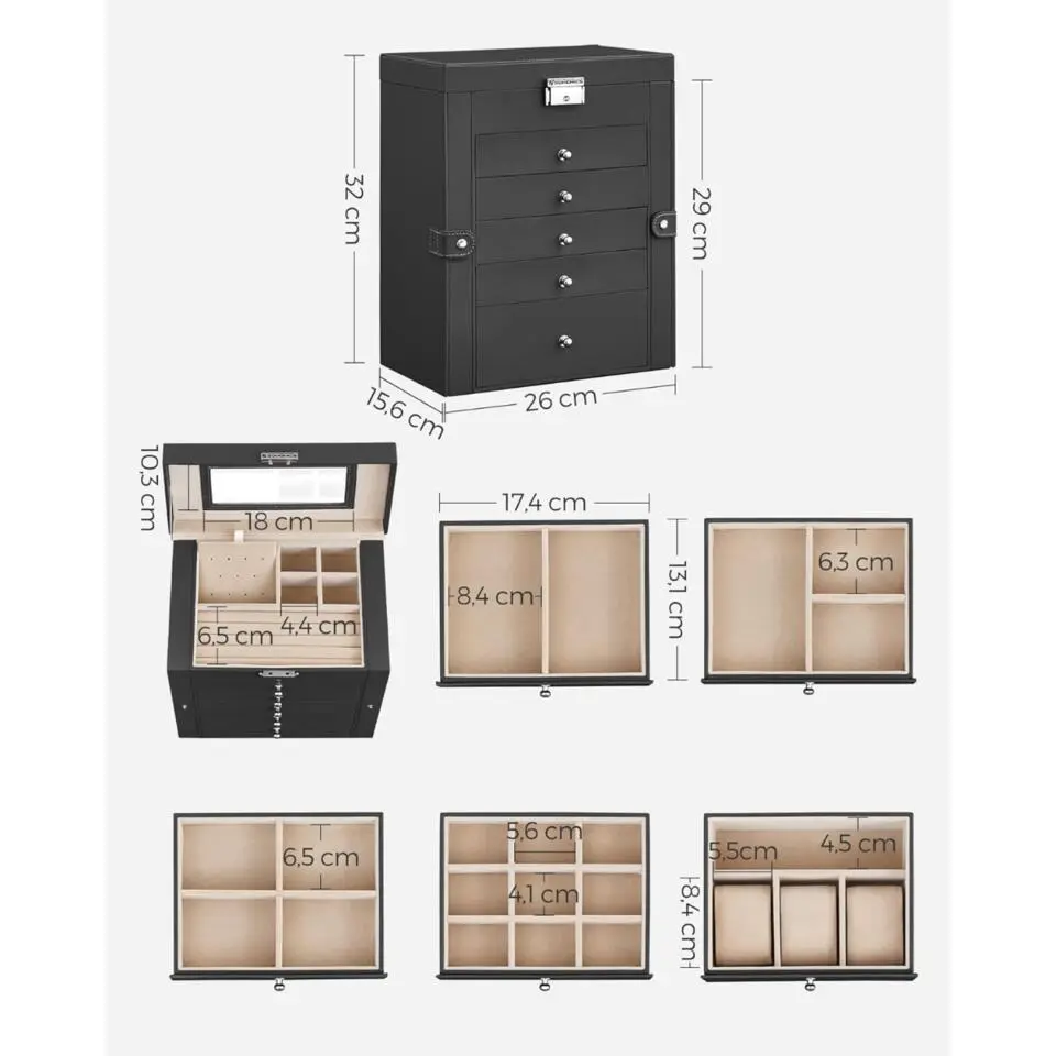 Parya Home sieradendoos – 6 niv, zijkleppen, spiegel, slot, zwart