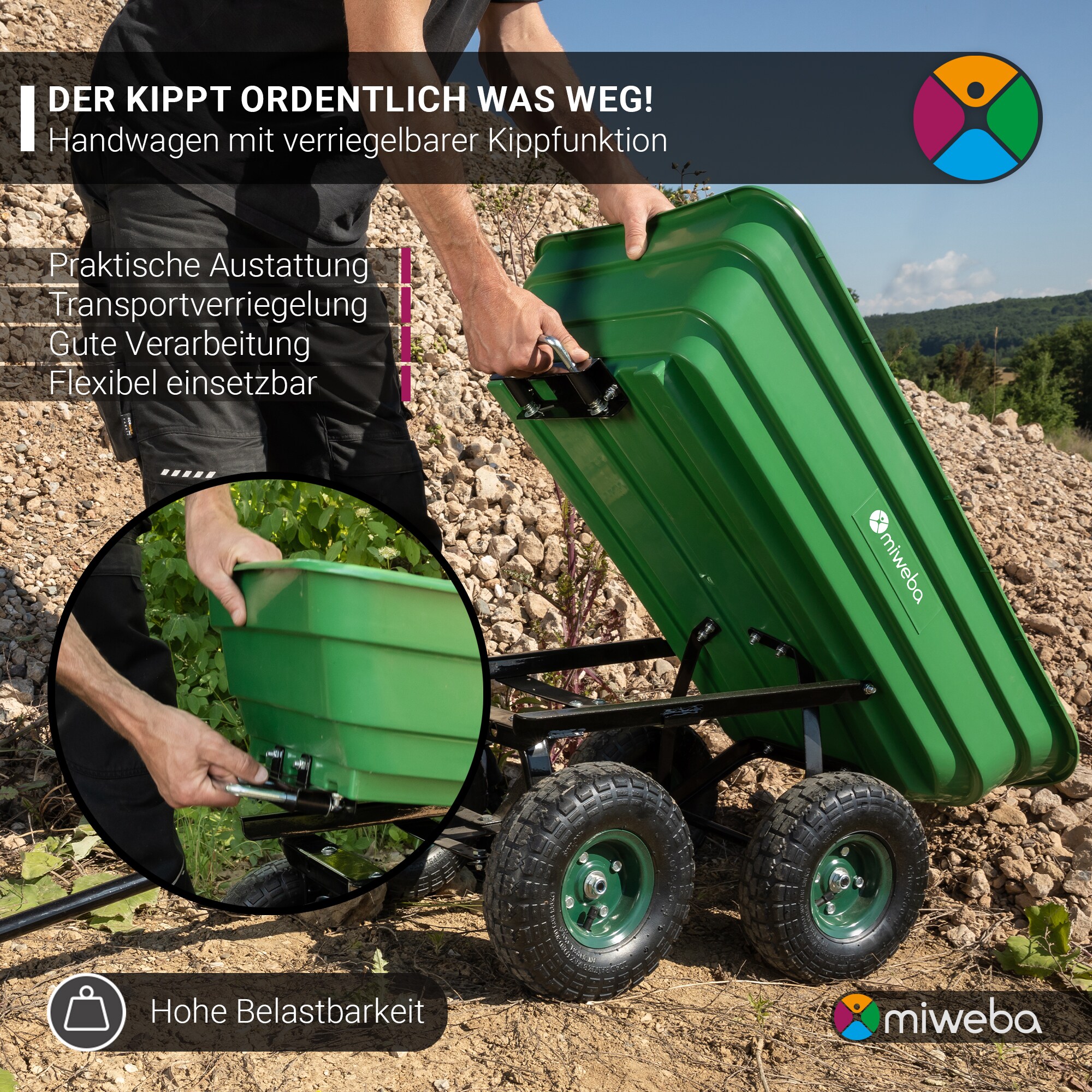 Miweba Bollerwagen Dumper, verriegelbare Kippfunktion, robuste PP-Wanne, Anhängerkupplung, bis 300kg (Grün)