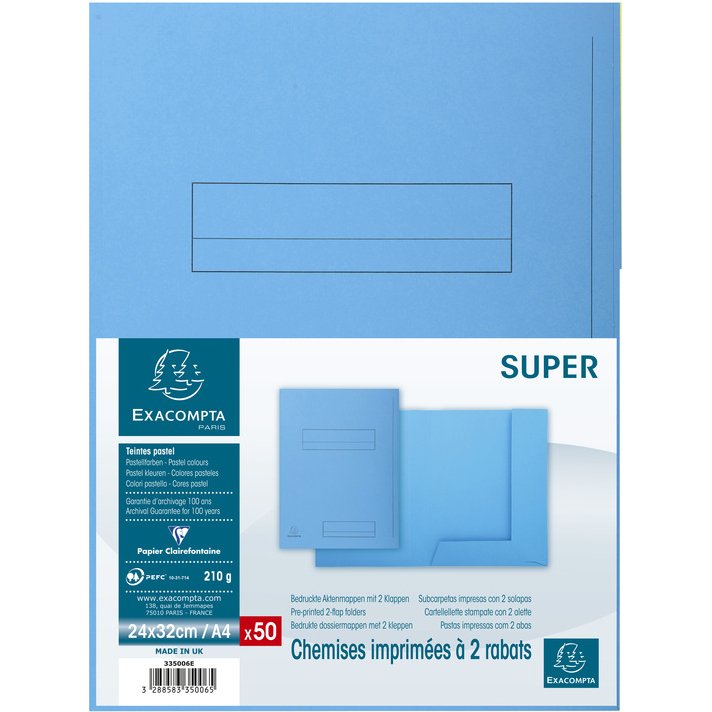 Chemises dossier 2 rabats Exacompta Super 24 x 32 cm bleu clair - Paquet de 50