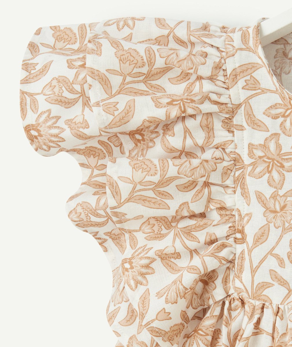ROBE FILLE BLANCHE IMPRIMÉ FLEURI MARRON AVEC FRONCES ET VOLANTS