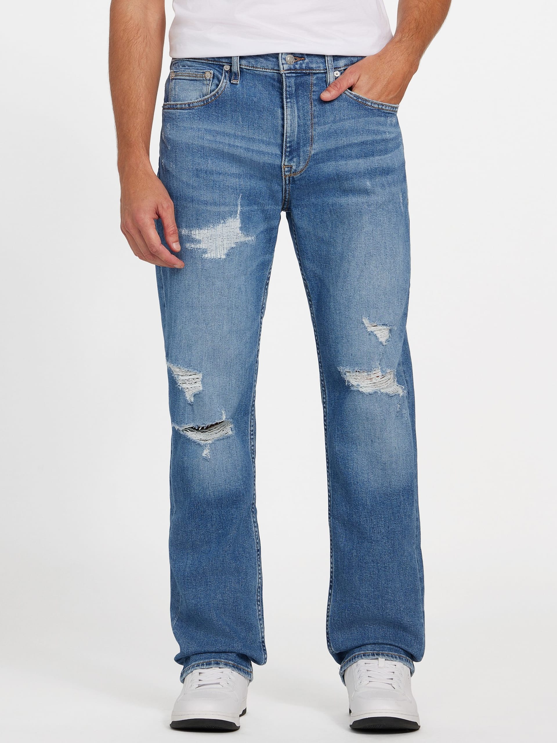 Calça jeans reta de corte regular com detalhes destroyed da Eco Mason
