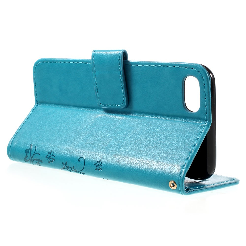 iPhone SE (2022/2020) / 8 / 7 Leder Tasche mit Kartenfach   Handschlaufe Butterfly Flowers - Blau