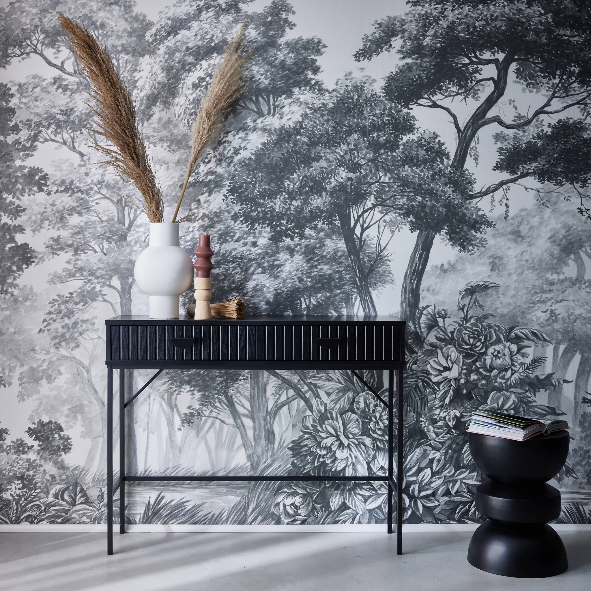 sweeek - Sidetable met 2 laden en zwart gegroefd houteffect