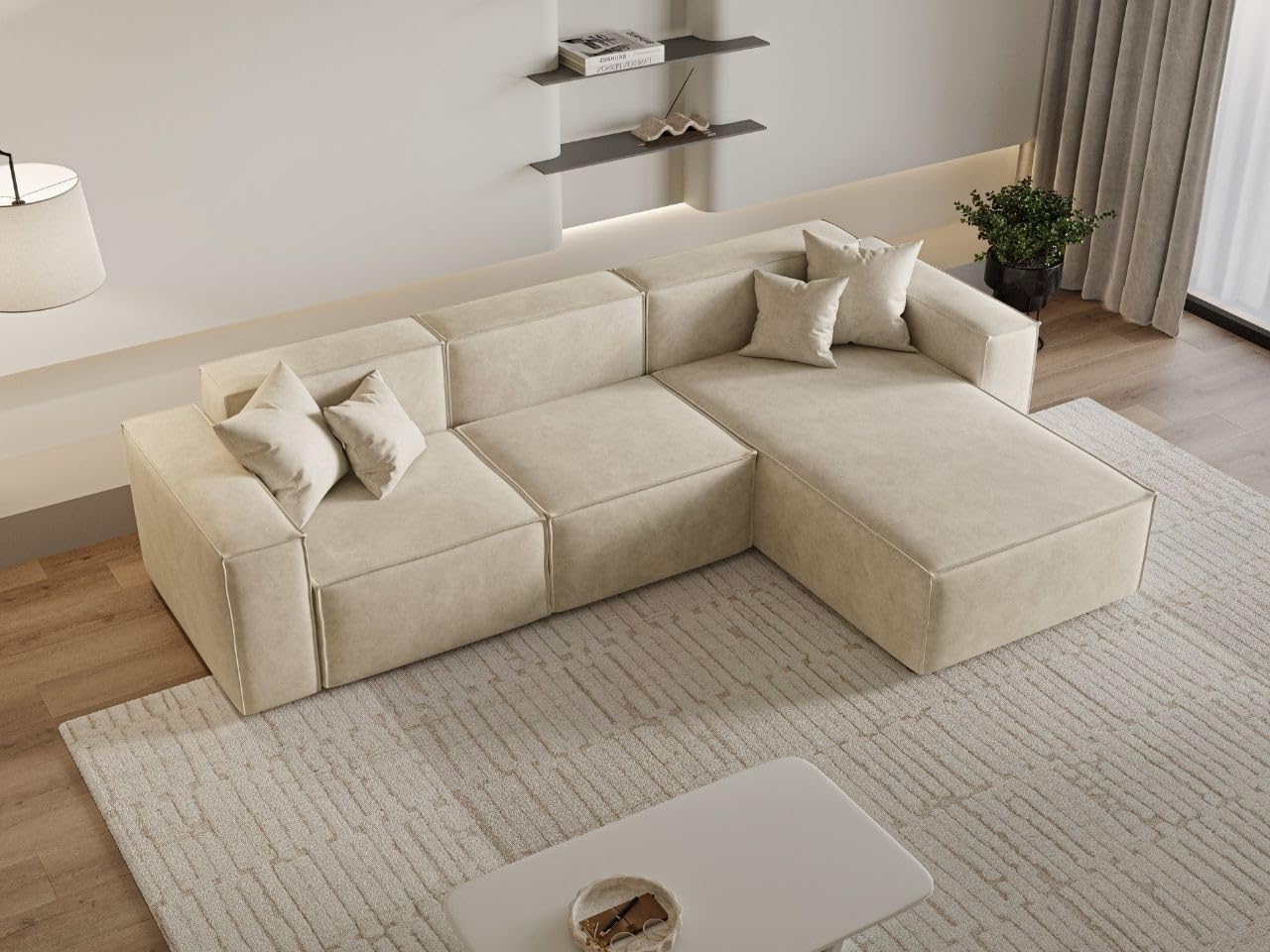 GRAINGOLD Arizona Ecksofa 265x180 cm, L-Form Sofa, Ecksofa für Wohnzimmer, Velour, 3-Sitzer Eckcouch, Modernes Design (Beige, Rechts)