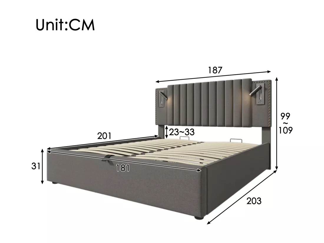 Lit coffre 180 x 200 cm avec tête de lit - Prises USB et lampe de lecture - Tissu en coton - motif rivet - Gris (sans matelas)