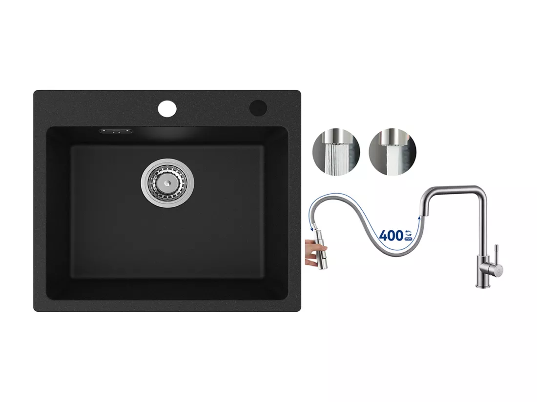 Cecipa MAX Evier 1 Bac 50x45cm Evier en Quartz et Résine Evier à Encastrer + Mitigeur avec Douchette Extractible, Brossé