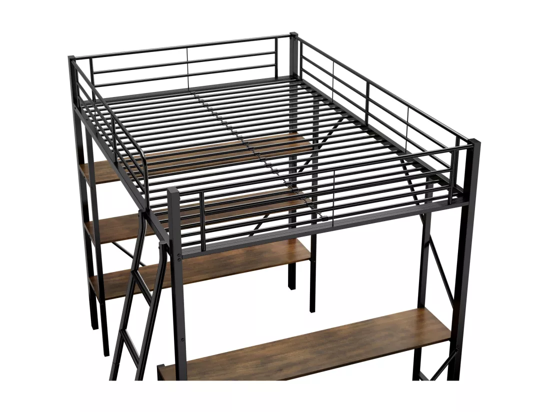 Lit mezzanine 90x200cm, cadre en métal, lit surélevé avec échelle, bureau et 3 grandes étagères pour enfants, adolescents, noir