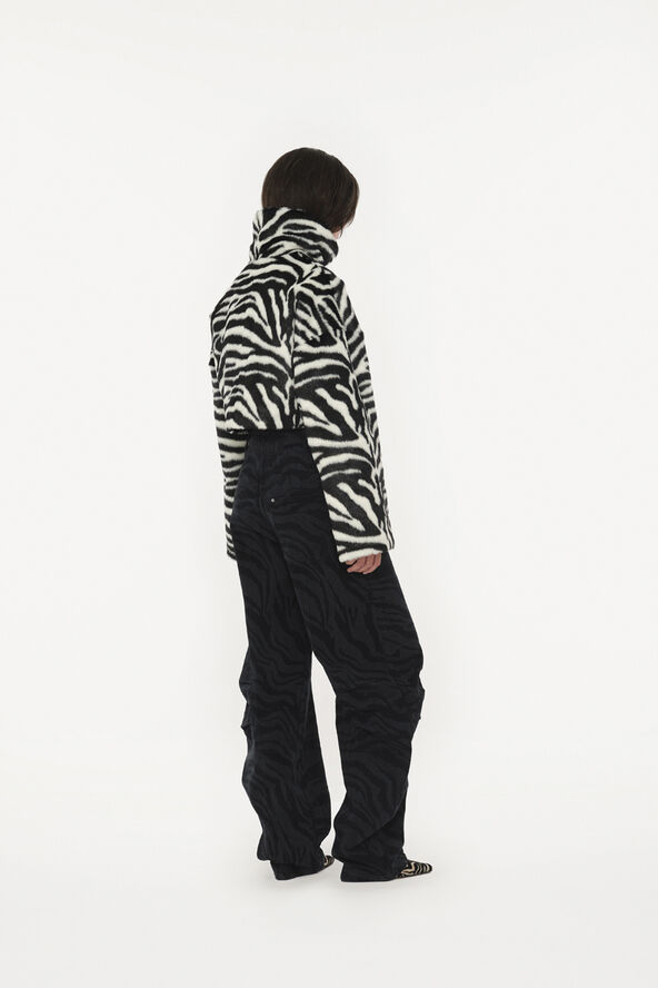ROTATE Birger Christensen FAUX FUR CROP JACKET Zebra upscale aop