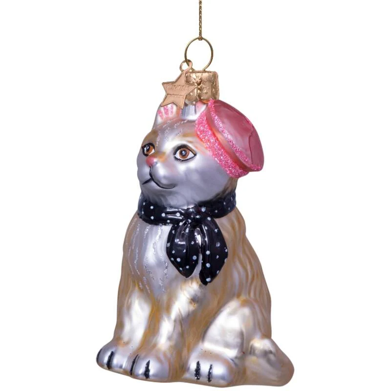 Vondels  Kat m. barret og tørklæde juleophæng - H8,5 cm.