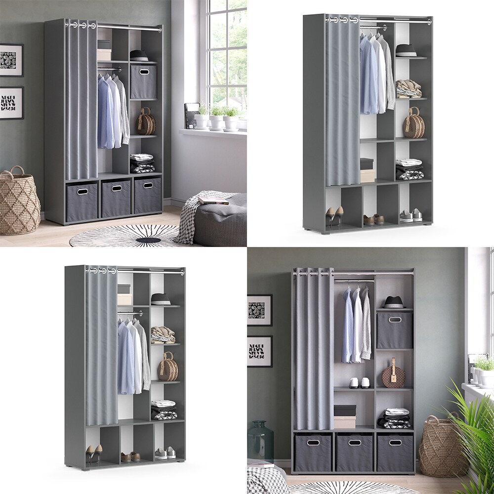 Vicco Kleiderschrank Schlafzimmerschrank Garderobe Luigi Grau 106 x 178 cm modern Schrankregal Organizer Vorhang Kleiderstange Fächer Aufbewahrung Ablage