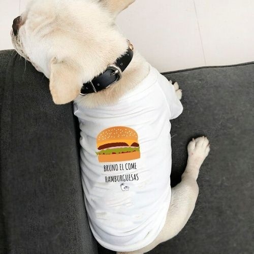 Camiseta branca para cachorro: Você e seu cachorro que adora hambúrguer.