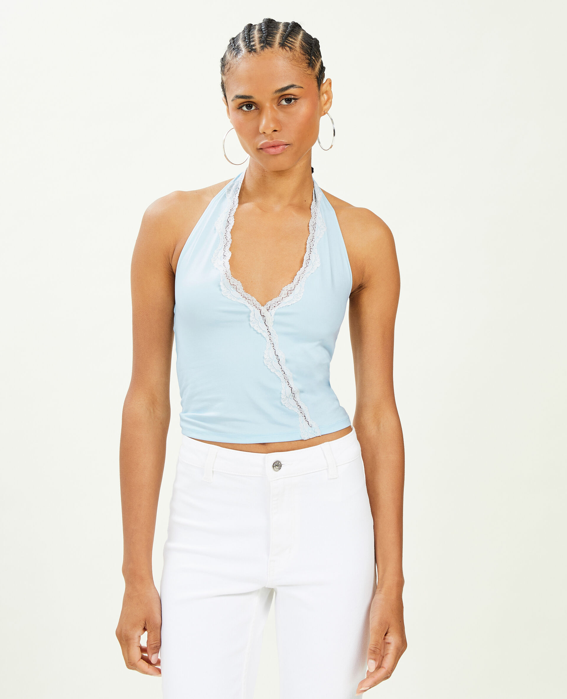 Top dos-nu court avec dentelle - Bleu clair