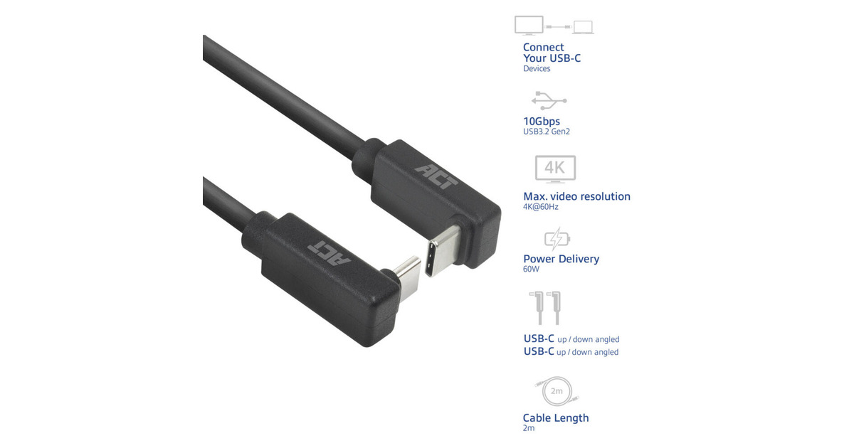 ACT ConnectivityUSB 3.2 USB-C (omhoog/omlaag haaks) naar USB-C (omhoog/omlaag haaks) kabel  (Zwart, 10 Gbit/s, 60W, 0,5 meter)