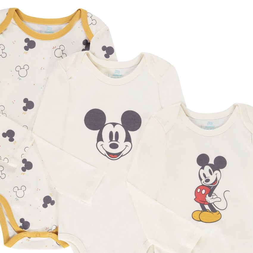 Lot de 3 bodies manches longues print Mickey Disney pour bébé garçon - Blanc
