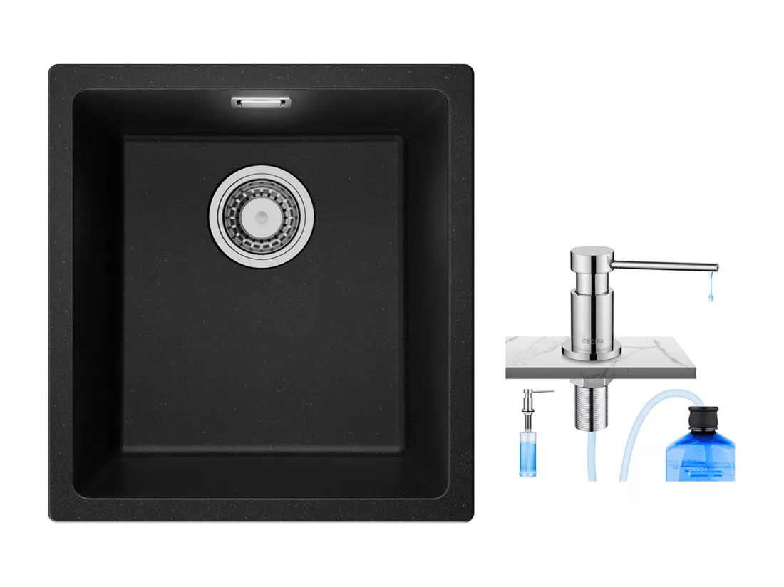 CECIPA MAX Evier 1 Bac en Quartz et Résine, 3 Options de Montage, 40*44*20cm + 300ML Distributeur de Savon de Cuisine Chromé