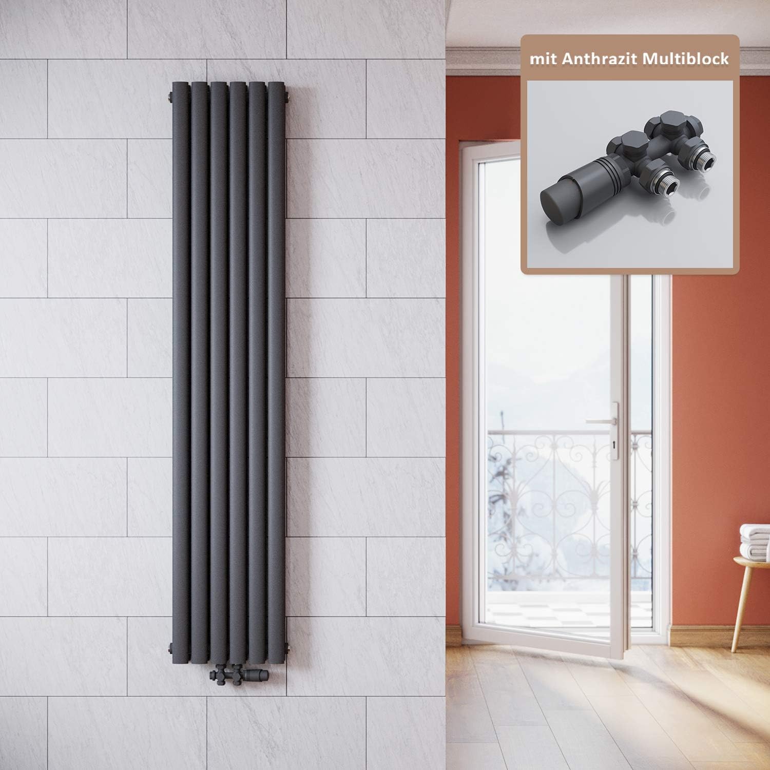ELEGANT Design Heizkörper Anthrazit 1800x354mm mit Multiblock Anthrazit Thermostat Vertikal Heizkörper Doppellagig Röhrenheizkörper Badheizkörper Mittelanschluss