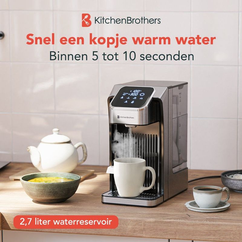 KitchenBrothers Heetwaterdispenser - Heetwatertap - 40-100°C - 100/150/200/250/300/350/400 ml - Melkfunctie - 2.7L – RVS