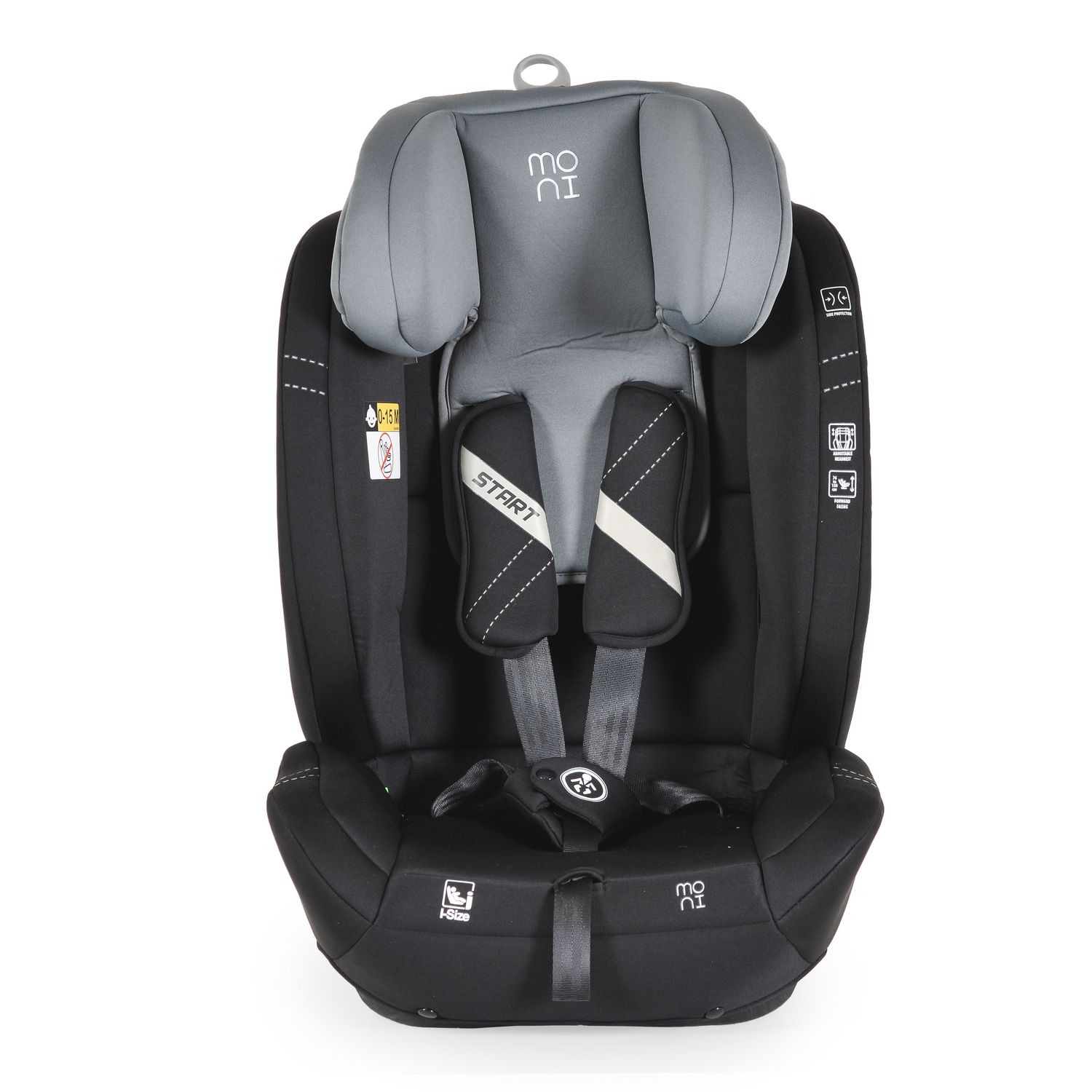Moni Kindersitz i-Size Start (76-150cm) Kopfstütze verstellbar, Kuscheltier grau