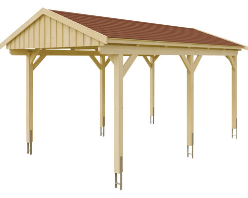 SKAN Holz Fichtelberg enkele carport inclusief rode dakshingles, 317 x 566 cm, natuurlijke afwerking