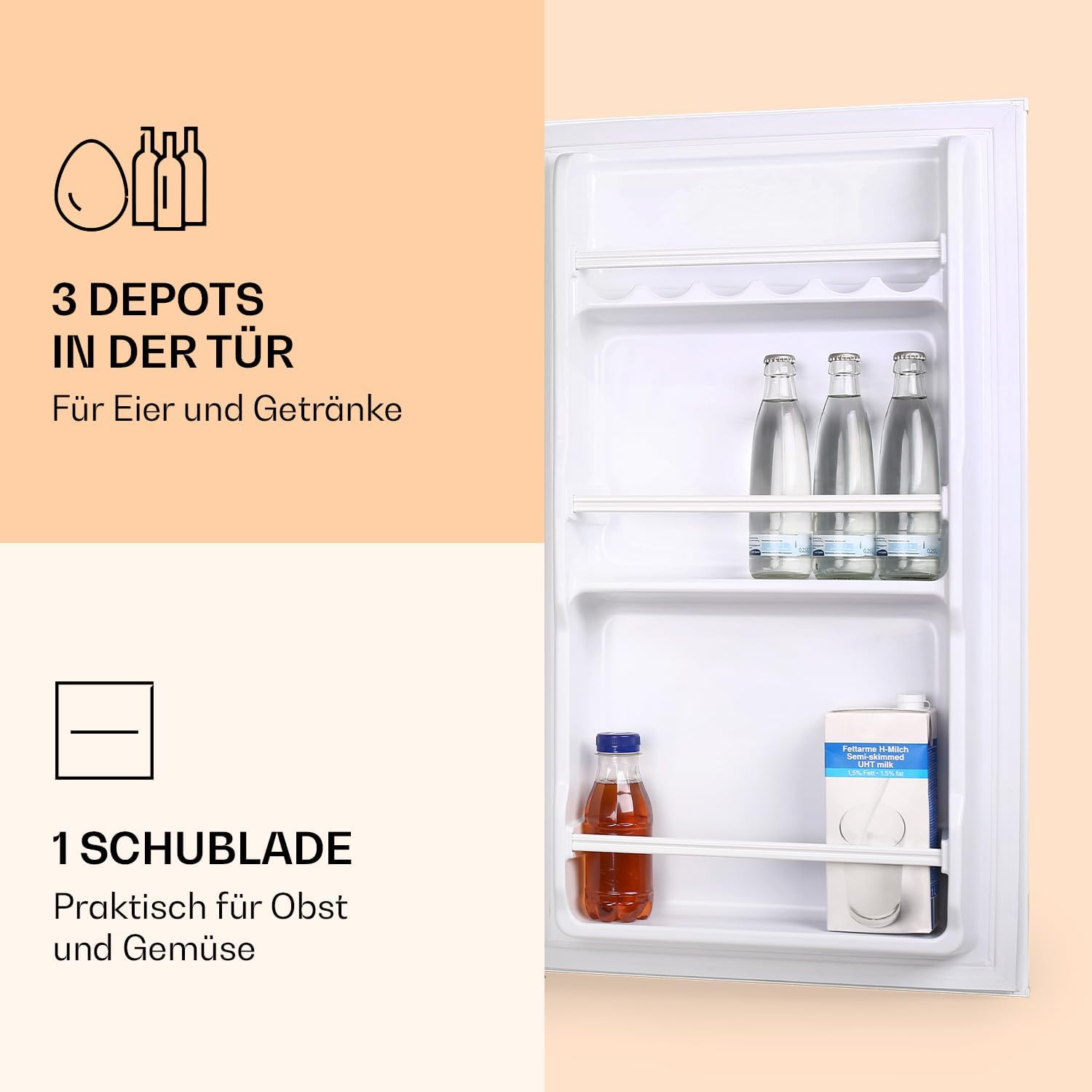 Klarstein 90L1-WH - Kühlschrank, Standkühlschrank, 90 L, 2 x Regaleinschub, Schublade, separates Eisfach, 3 Depots in der Tür, leise, Türanschlag rechts, weiß