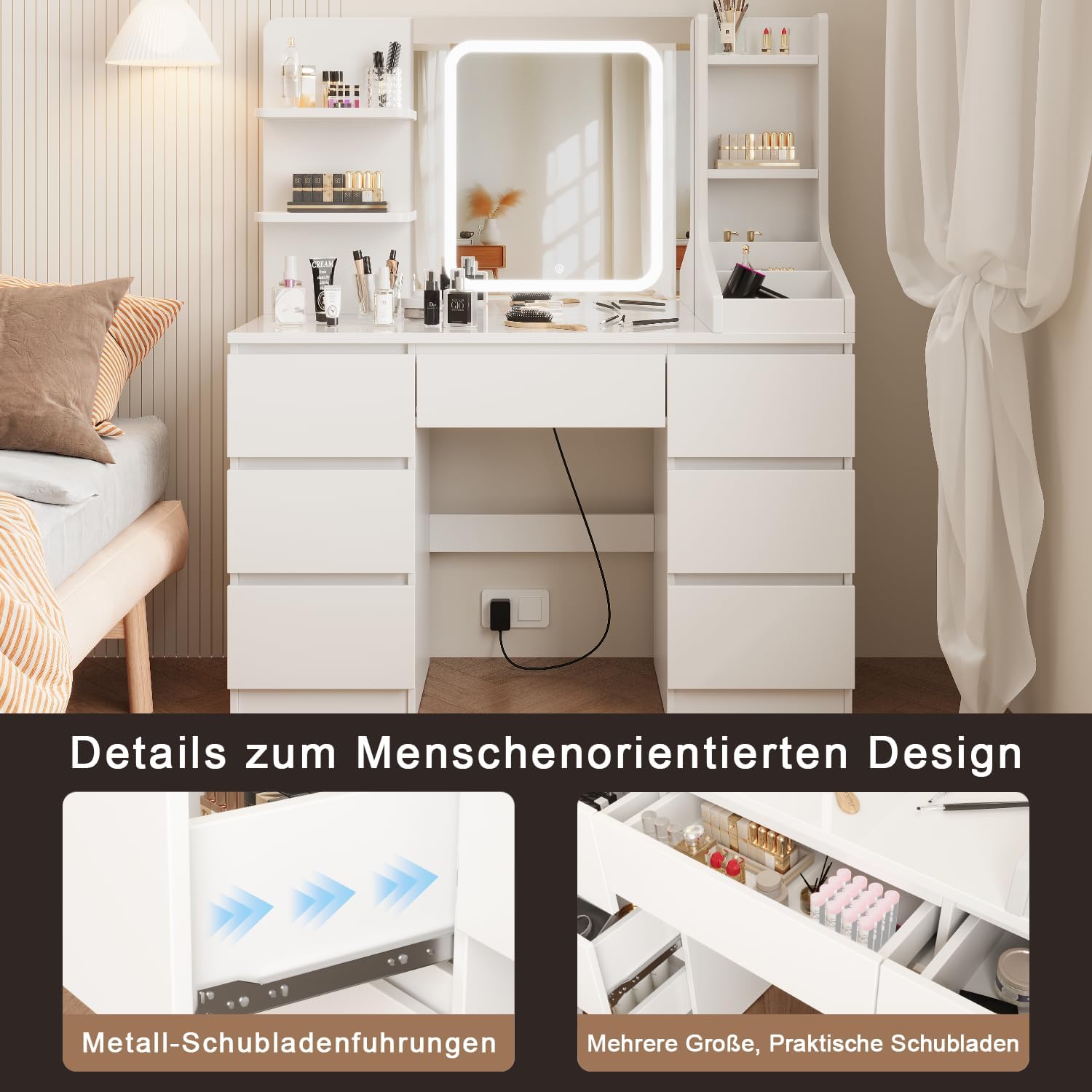 Devoko Große Schminktisch mit Beleuchtung und LED Verstellbaren Helligkeit, Schminktische mit Spiegel und 7 Schubladen, 7 offenen Ablagen, für das Schlafzimmer 110x40x140cm, Weiß