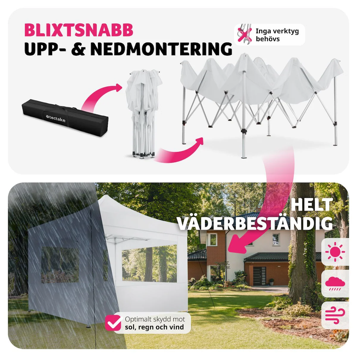 Partytelt, hagepaviljong Olivia 3x3 m med 4 vegger - hvit