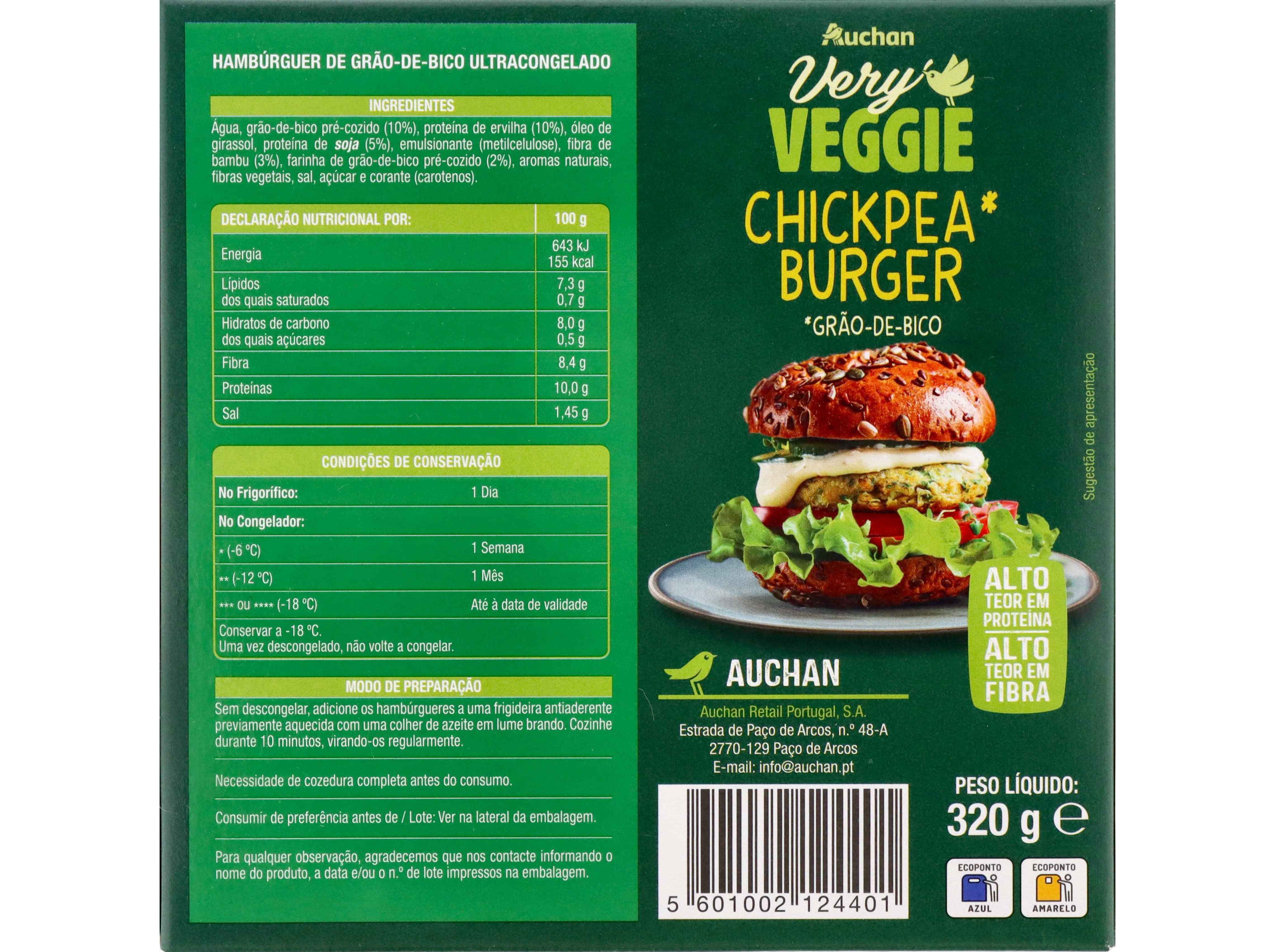 VEGAN CHICKPEA BURGER AUCHAN VERY VEGGIE GRÃO-DE-BICO 4UN 320G