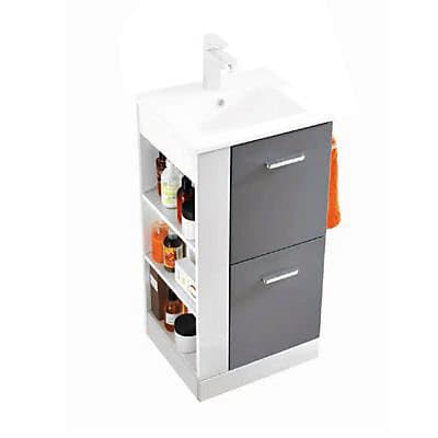 Caisson meuble sous vasque version gauche à poser Cooke & Lewis Waneta gris 43 cm + façade de meuble gris + plan vasque en céramique blanche