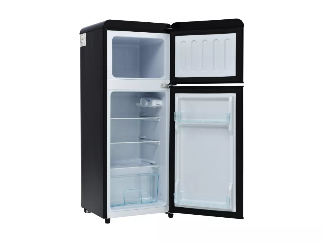 Réfrigérateur-congélateur combiné, 105,5 cm de hauteur, 41 cm de largeur, avec un volume total de 92 litres, un volume de congélateur de 28 litres. 181 kWh/an, -27°C 13°C, éclairage LED, (noir）