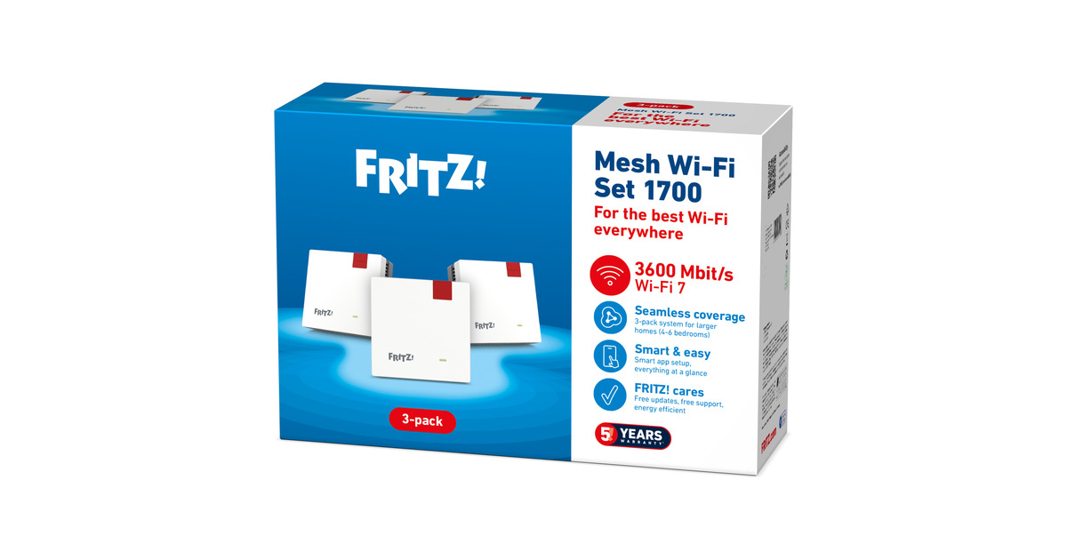 FRITZ!Mesh Wi-Fi Set 1700 triopack Edition International repeater  (Wit, 3 stuks, Wi-Fi 7, 3600 Mbit/s)