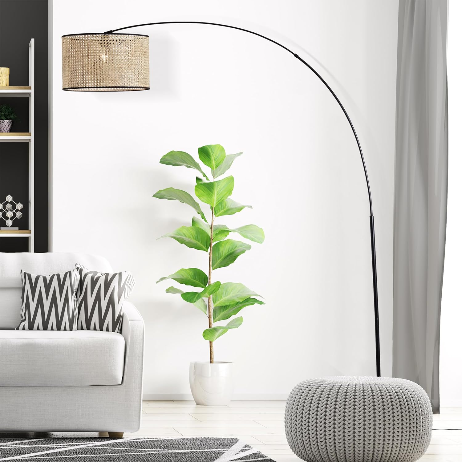 Lightbox Bogenstehlampe im Nature Stil | Boho Standleuchte mit Rattan Schirm & Teleskoparm & schwenkbarem Kopf | ideal für Wohnzimmer | 2 m Höhe | E27 Fassung | aus Metall/Rattan in Hellbraun/Schwarz