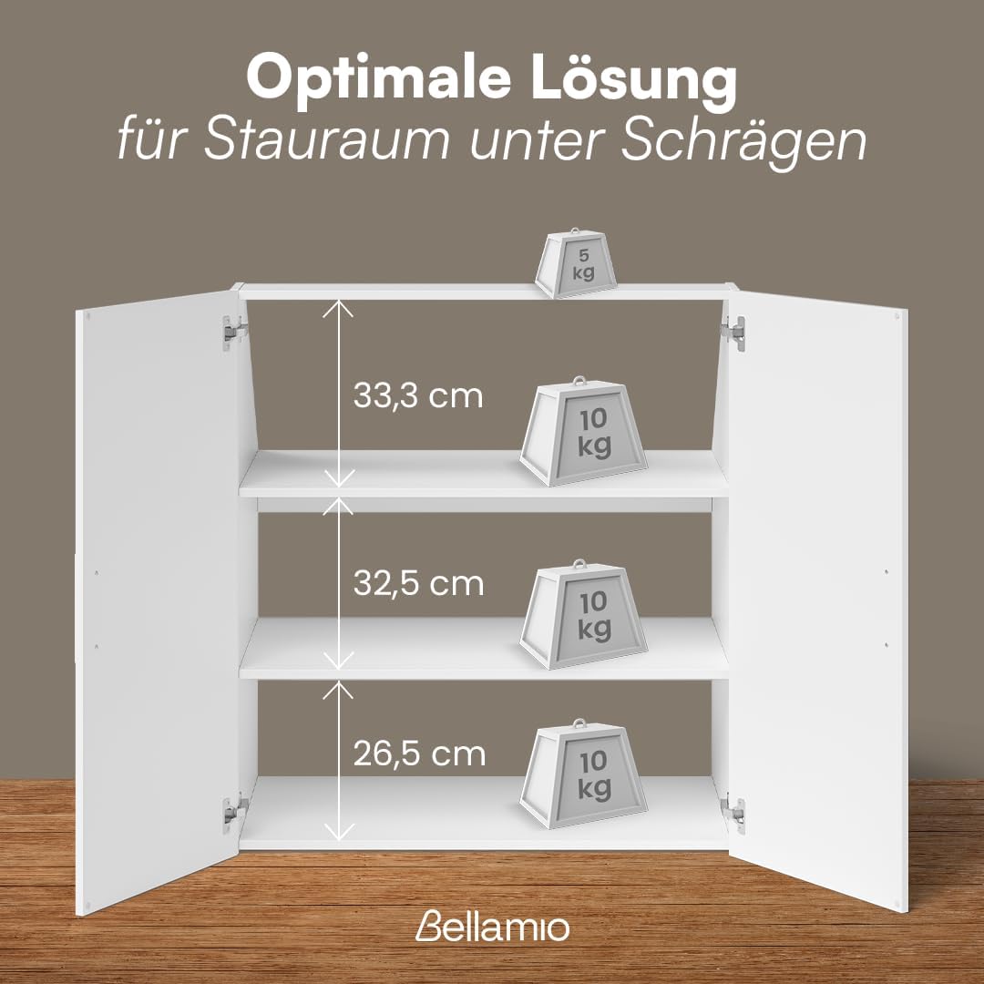 Bellamio Aland Dachschräge Regal in weiß – Dachschrägenschrank mit 2 Türen & 3 Fächern – Bücherregal/Kleiderschrank – platzsparender Stauraum für schräge Wände – Nischenschrank 100x90x52 (HxBxT)